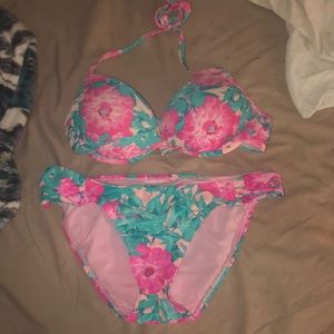pink and green floral bikini set